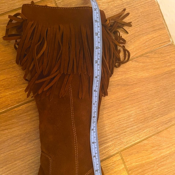 Suede Tan Brown Heel Fringe Boots Boho Western Kitten Heel tall leather - Picture 8 of 12